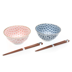 11563 ceramic bowl wooden chopsticks set red blue hexagon